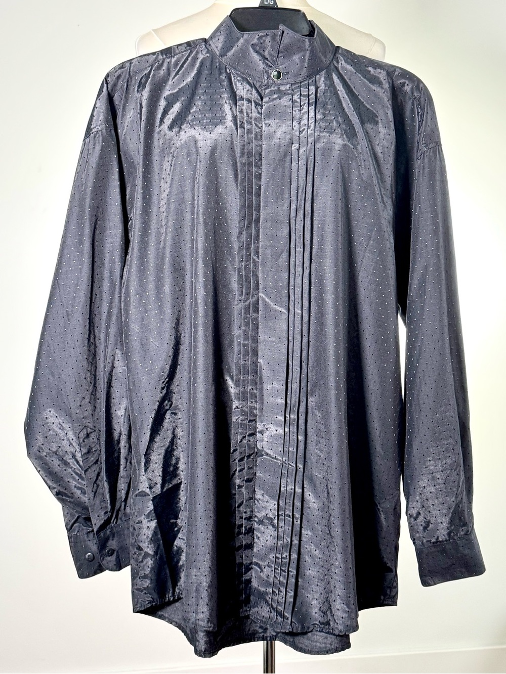Vintage Elliott M Gray Satin Micro Dot Band Collar Pintuck Dress Shirt 15-15.5”